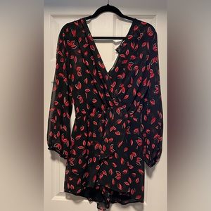 Express large short romper pedal pattern red black long sleeve sheer waistline